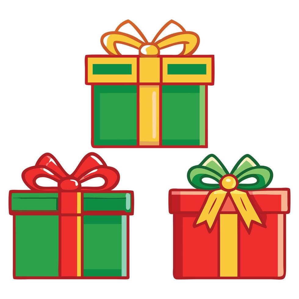 Christmas Gift Box Icons in Solid, Outline, and Flat Styles with Red and Green Wraps and Golden Ribbons vector