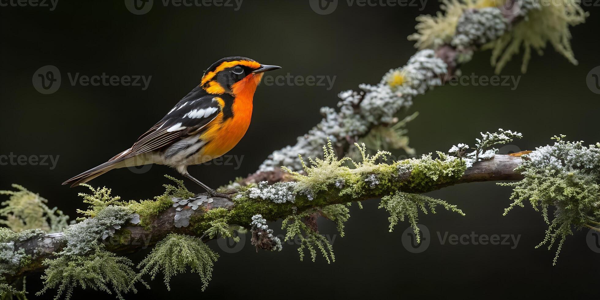 a small orange and black bird sitting on a branch photo