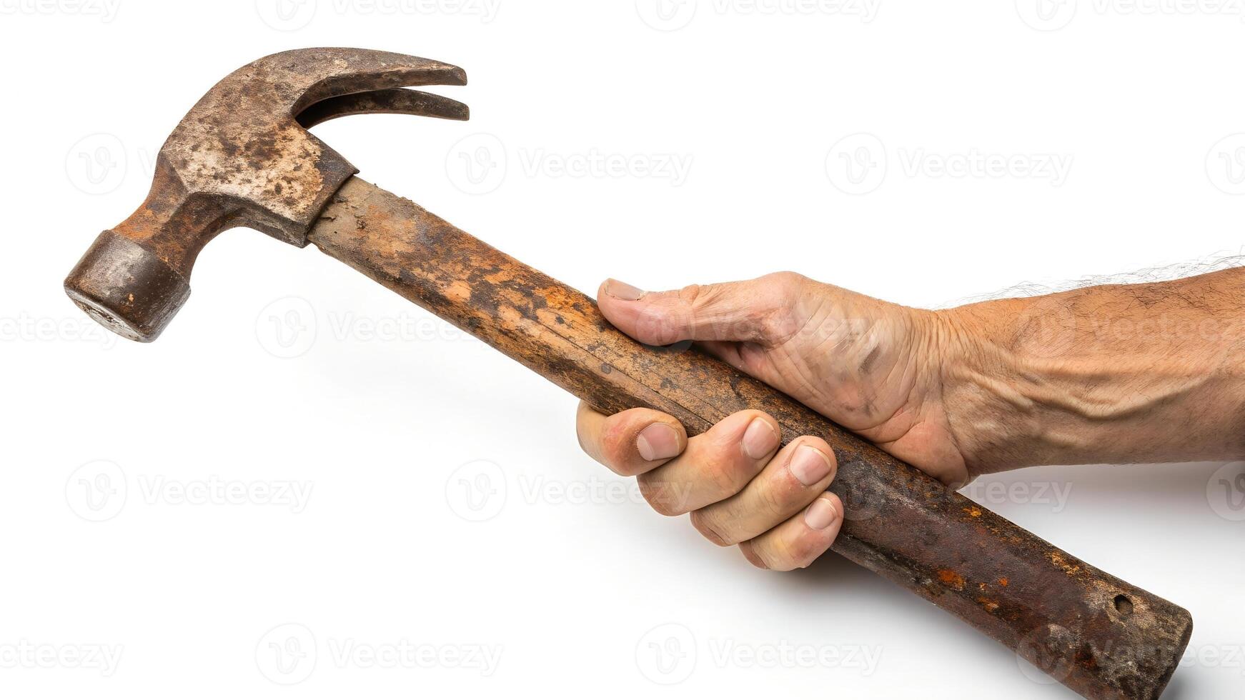 A hand holding a hammer on a white background photo