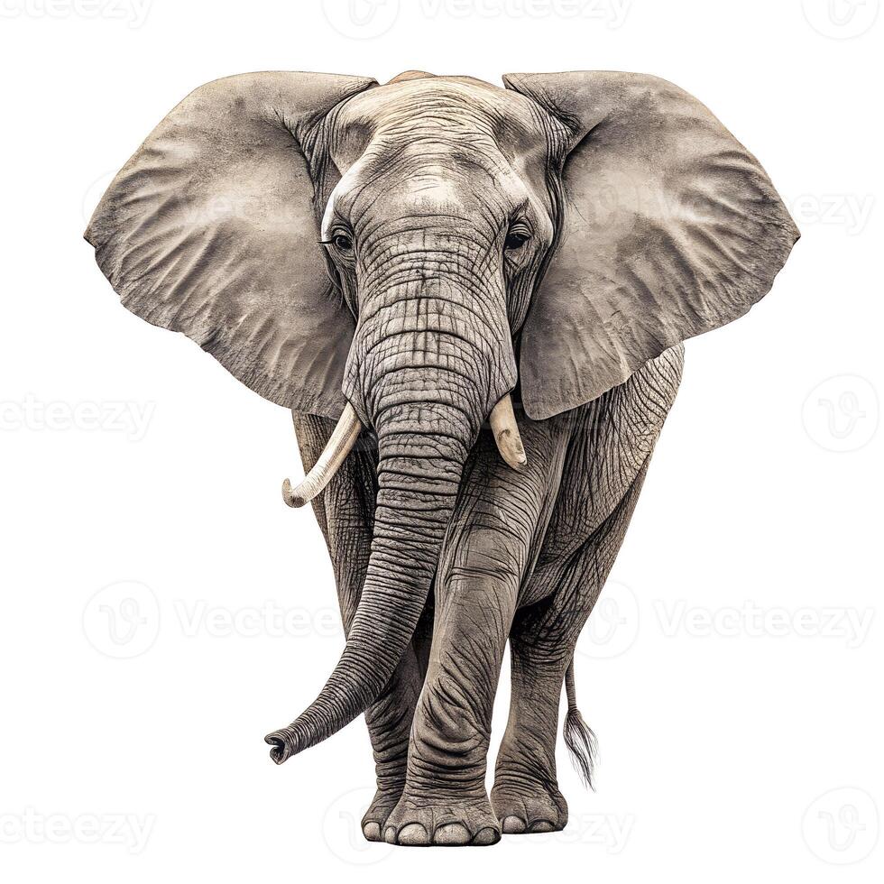 An elephant is standing in front of a white background photo