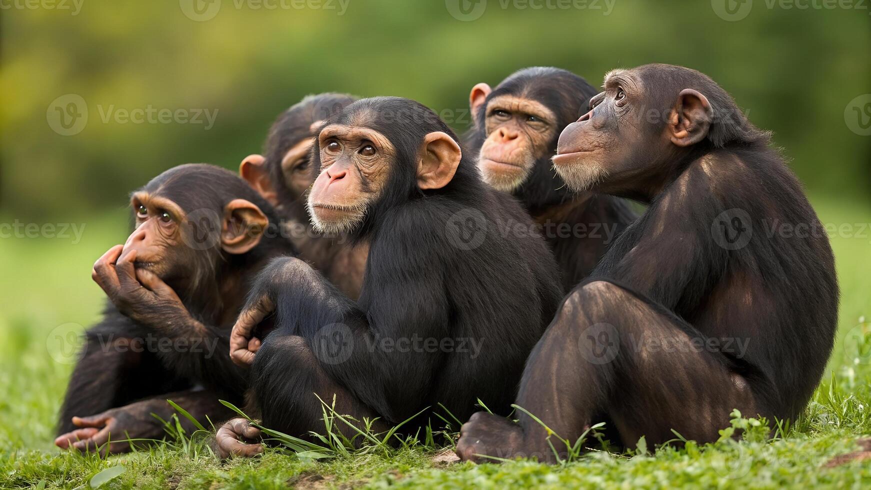 A group of chimpanzees sitting on the grass photo