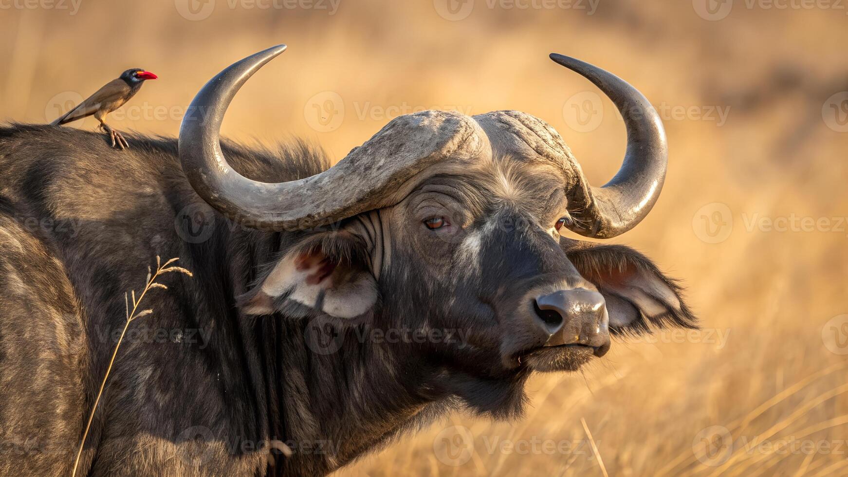 A buffalo with a bird perched on its head photo