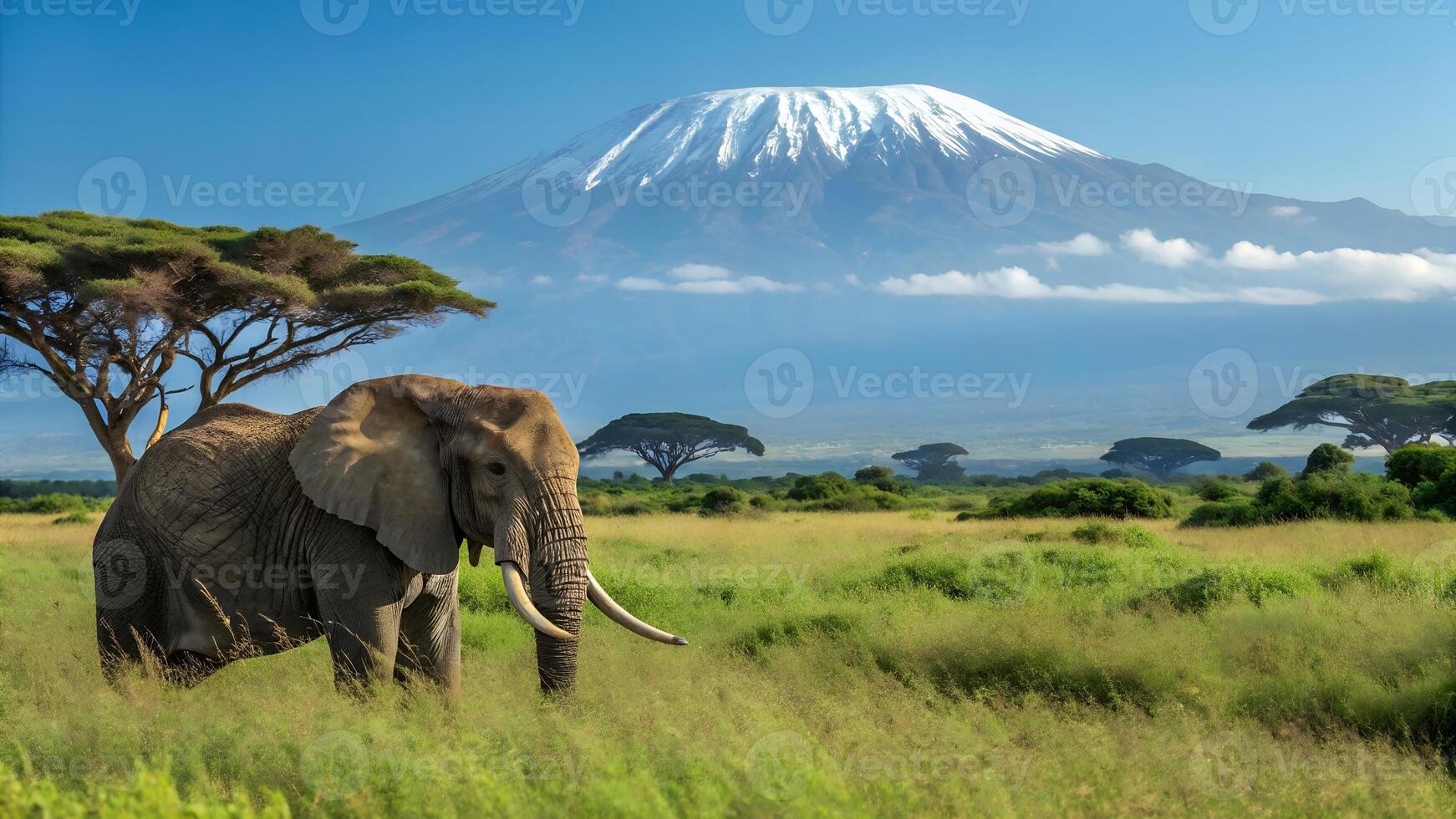 An elephant is standing in the grass with a mountain in the background photo