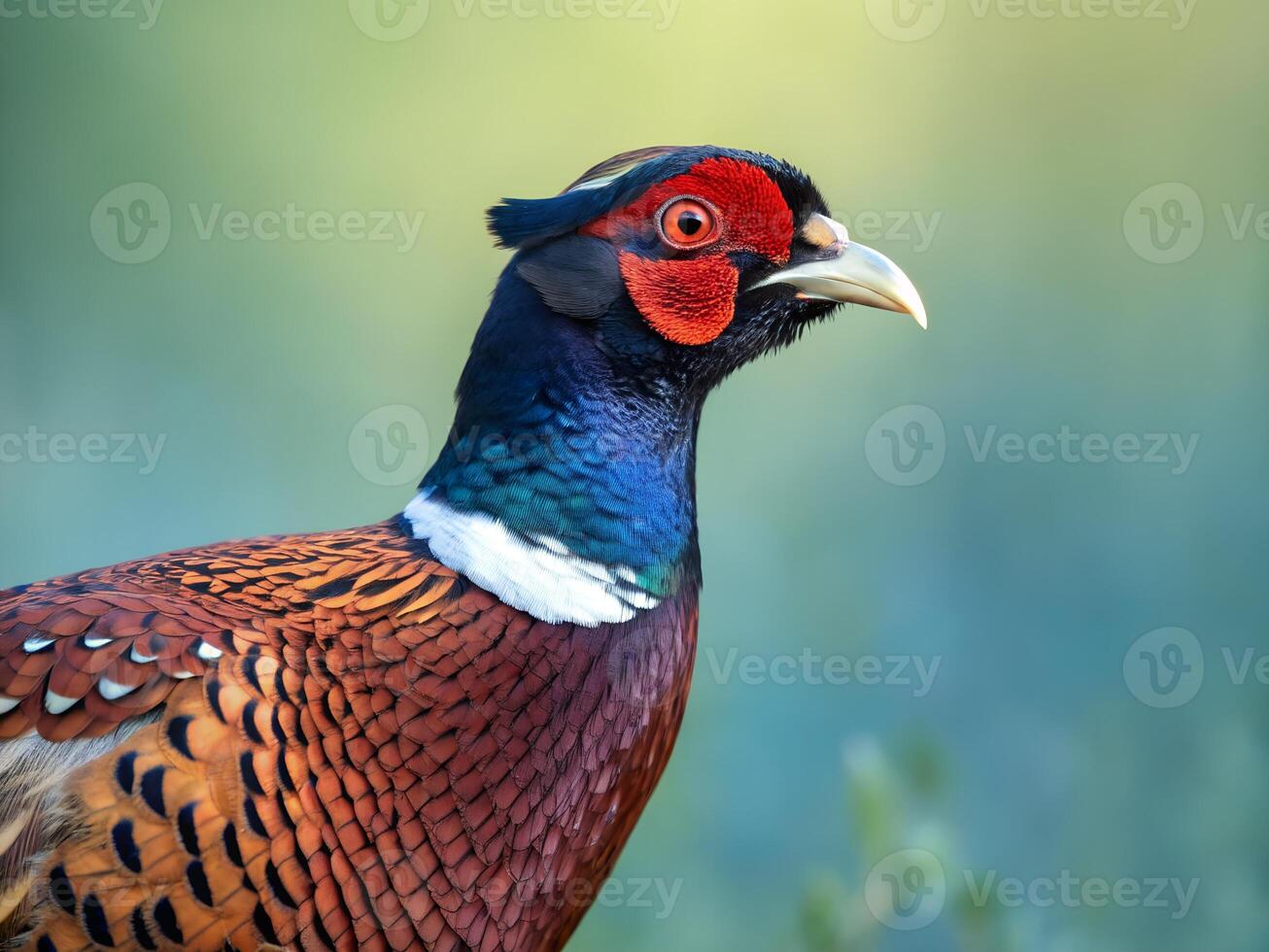 A close up of a pheasant with bright red and blue feathers photo