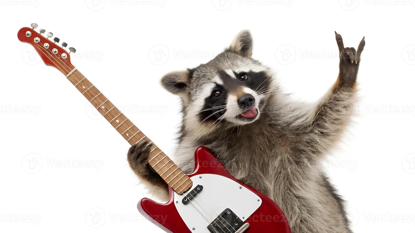 A raccoon holding up a red guitar photo