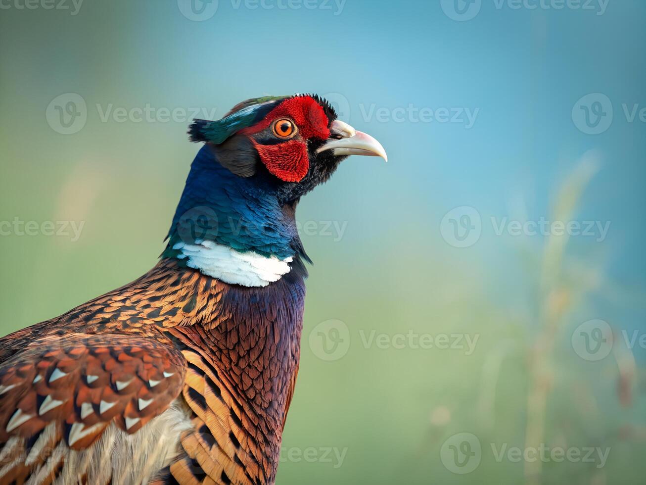 A close up of a pheasant with a blue sky in the background photo