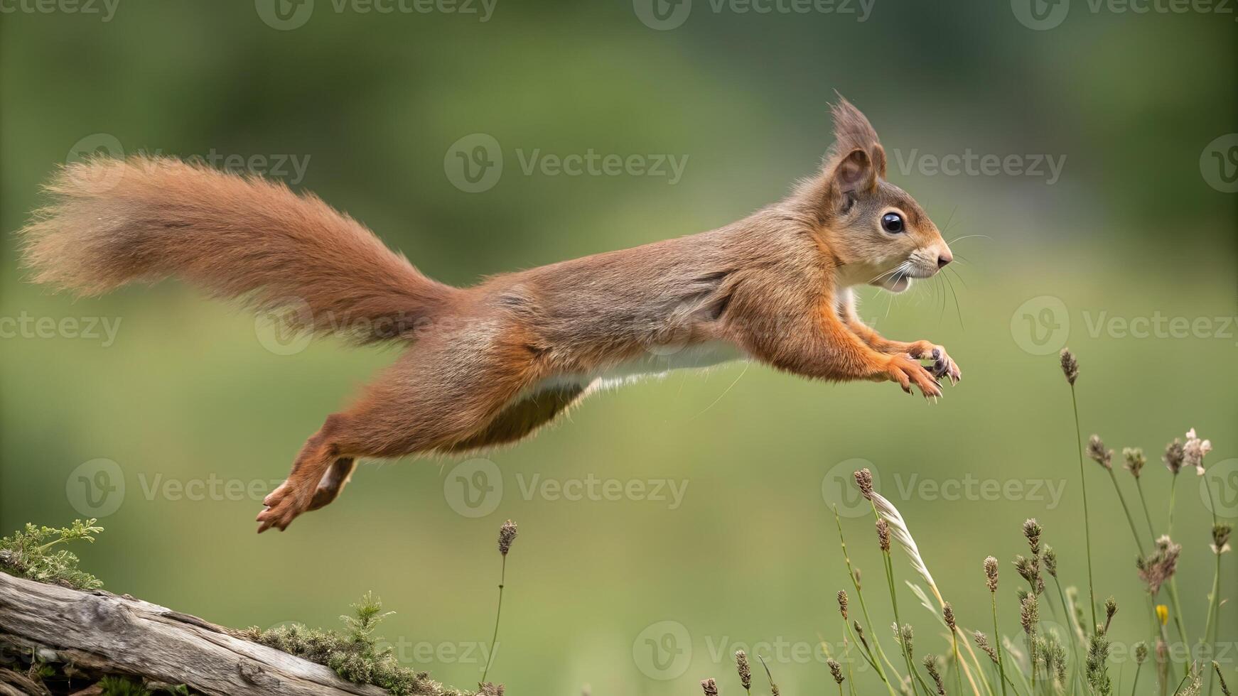 A red squirrel jumping over a log photo