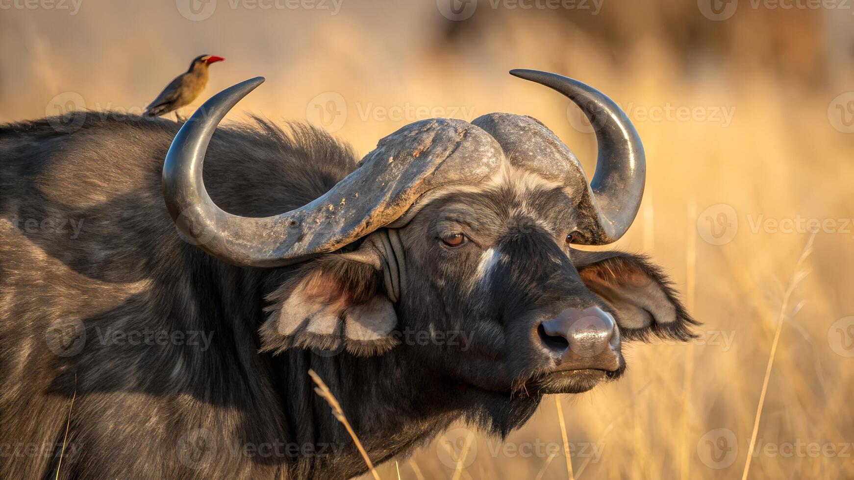 A buffalo with a bird on its head photo