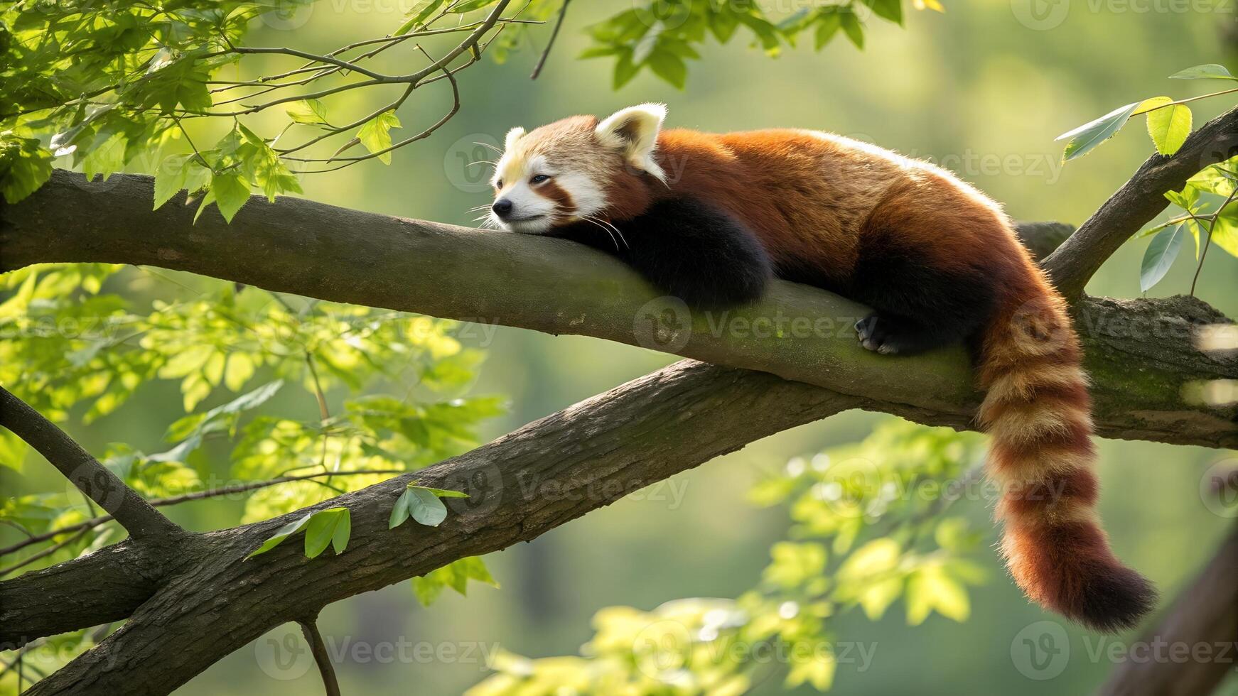 A red panda is sitting on a tree branch photo