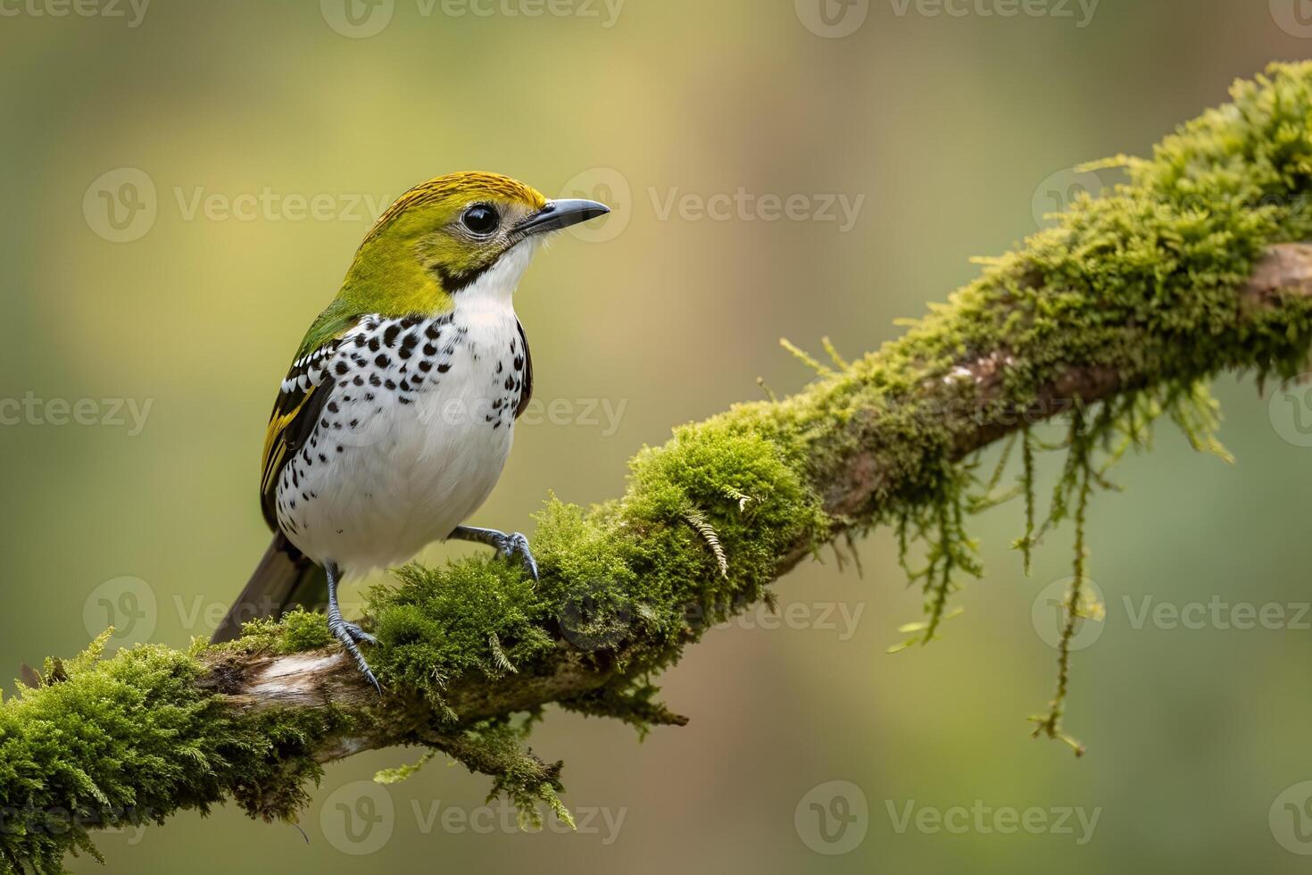 A yellow and black bird sitting on a branch photo