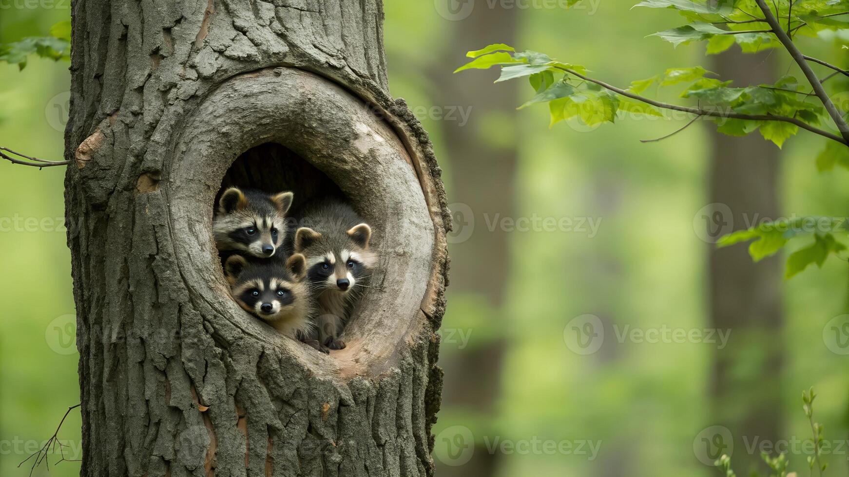 Three raccoons in a hollow tree photo