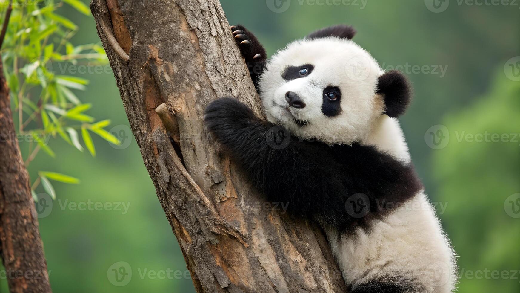 A panda bear climbing up a tree photo