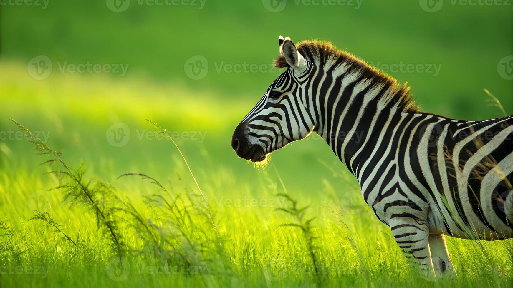 A zebra standing in a field of green grass photo