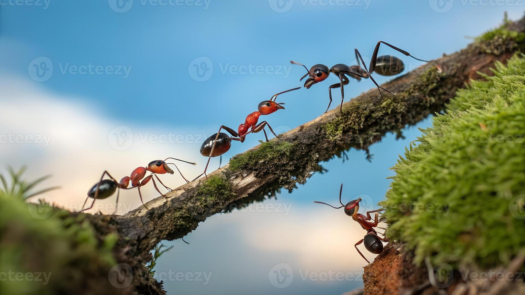 A group of ants walking on a branch photo