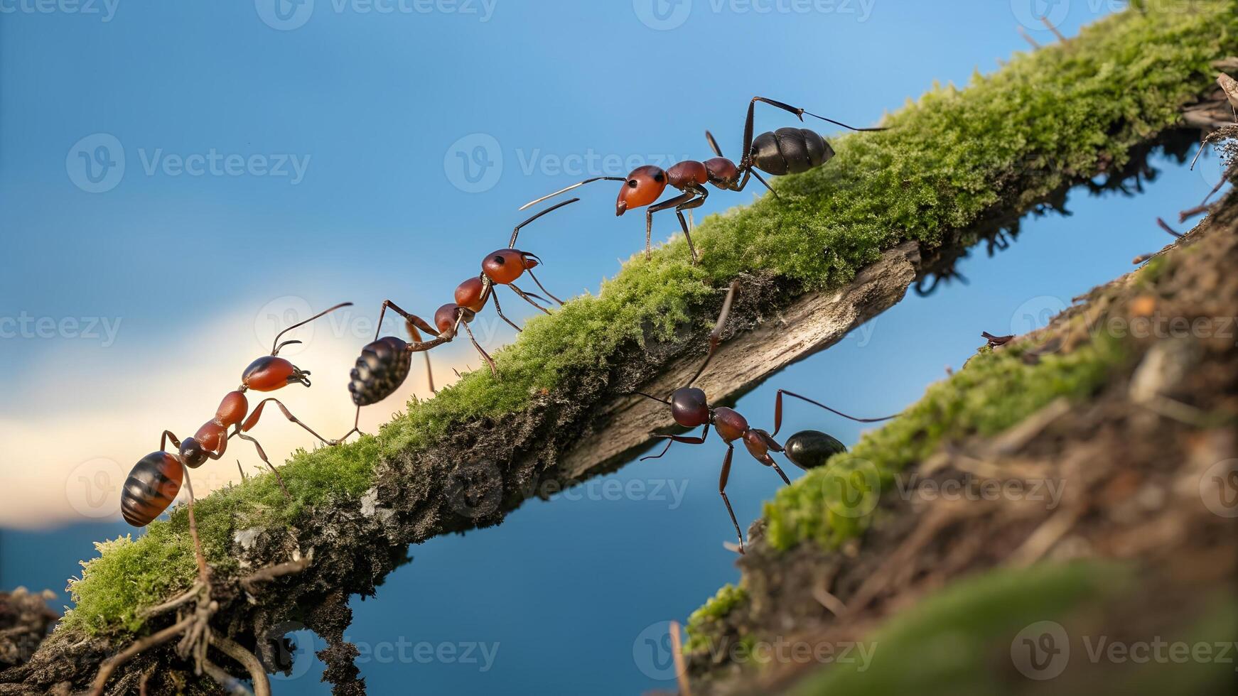 A group of ants walking on a moss covered branch photo