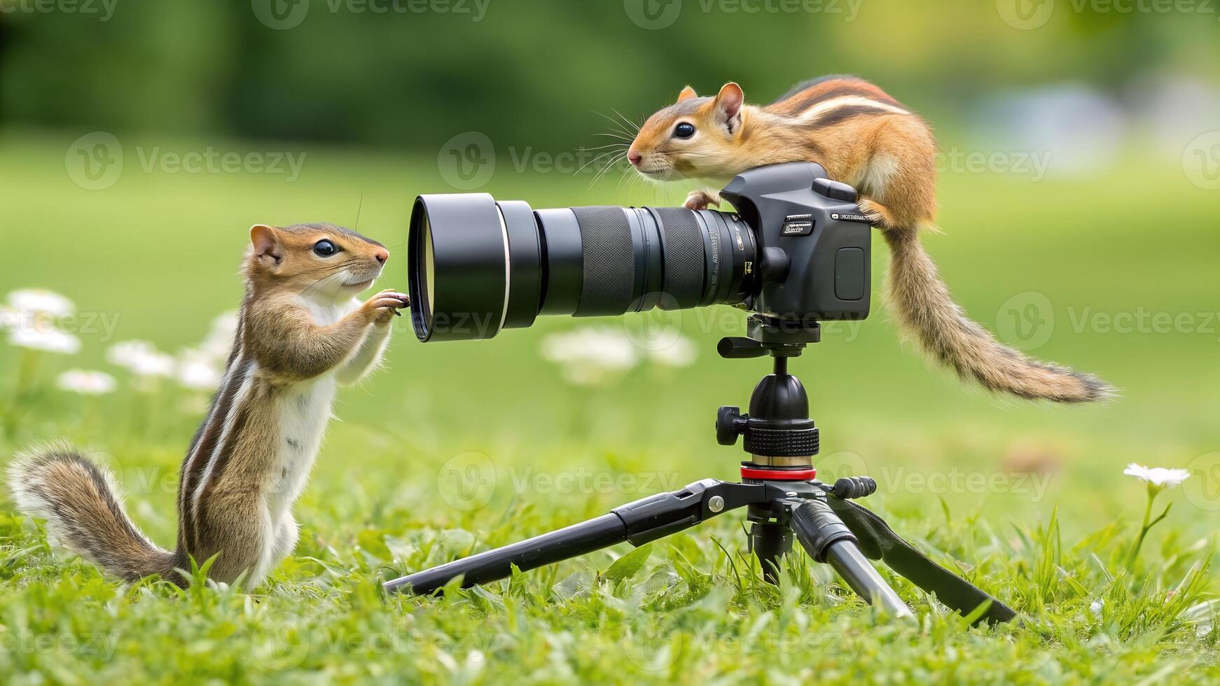Two squirrels are standing on a tripod with a camera photo