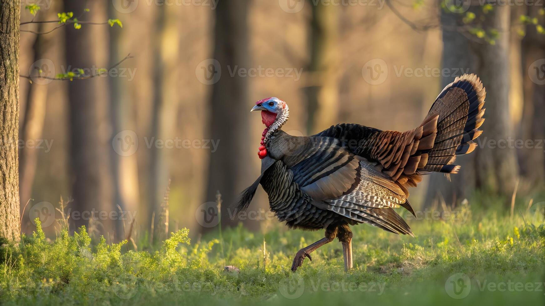 A turkey walking through a wooded area photo