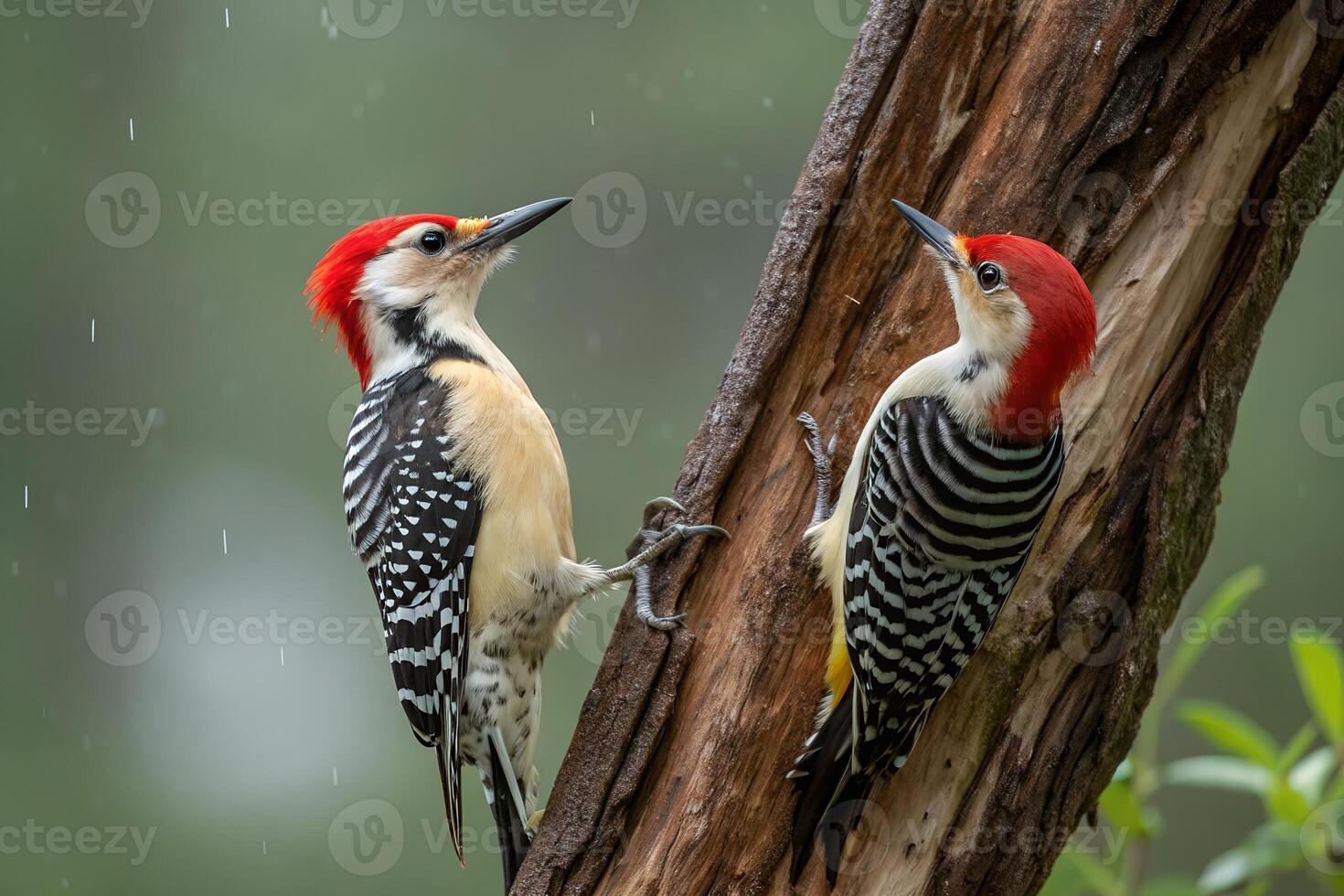 Two woodpeckers are standing on a tree photo