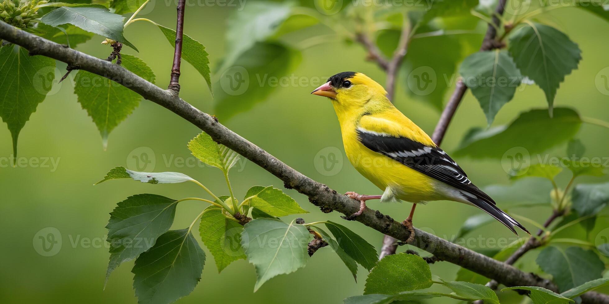 A yellow bird is sitting on a branch photo