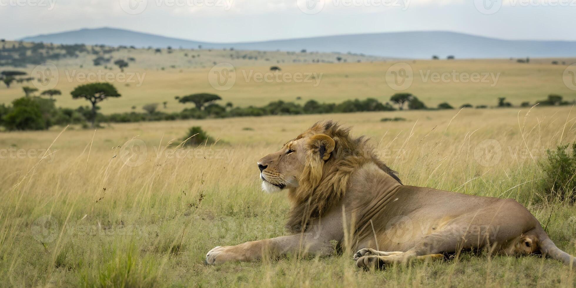 A lion is sitting in the grass on a large field photo