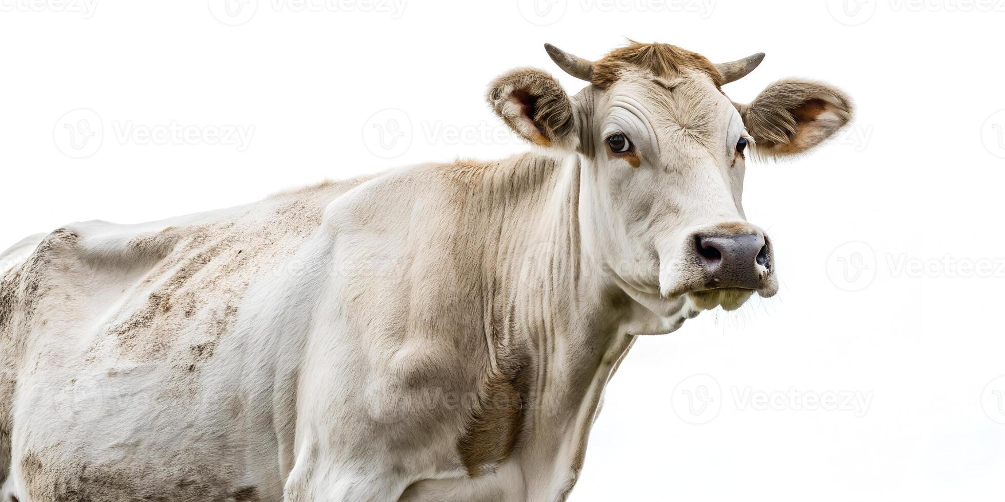 A close up of a cow standing in front of a white background photo