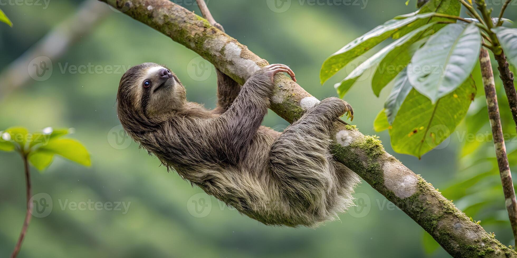 A sloth hanging on a tree branch in the jungle photo