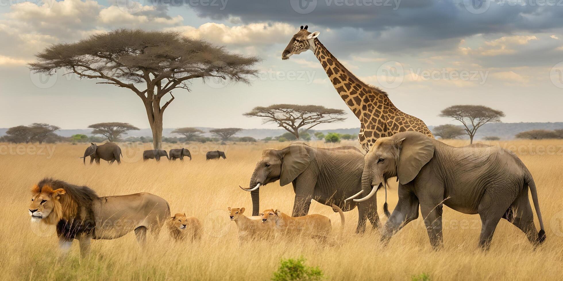 A group of animals in the wild, including a giraffe, lion, and elephant photo