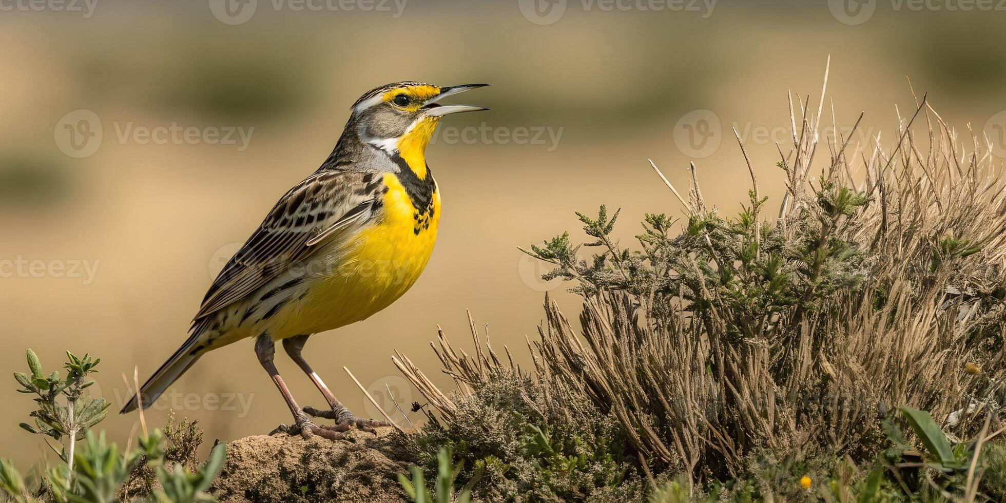 A yellow and black bird standing on a rock photo