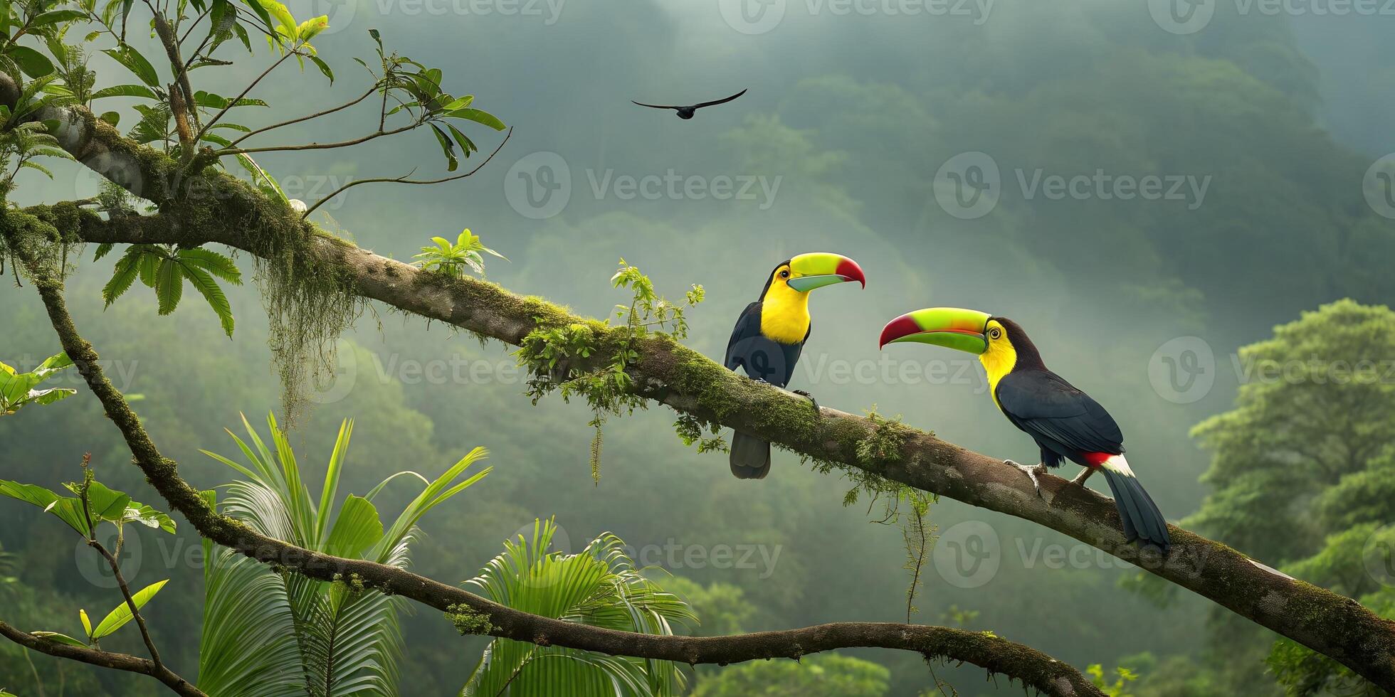 Two toucans perched on a branch in the jungle photo