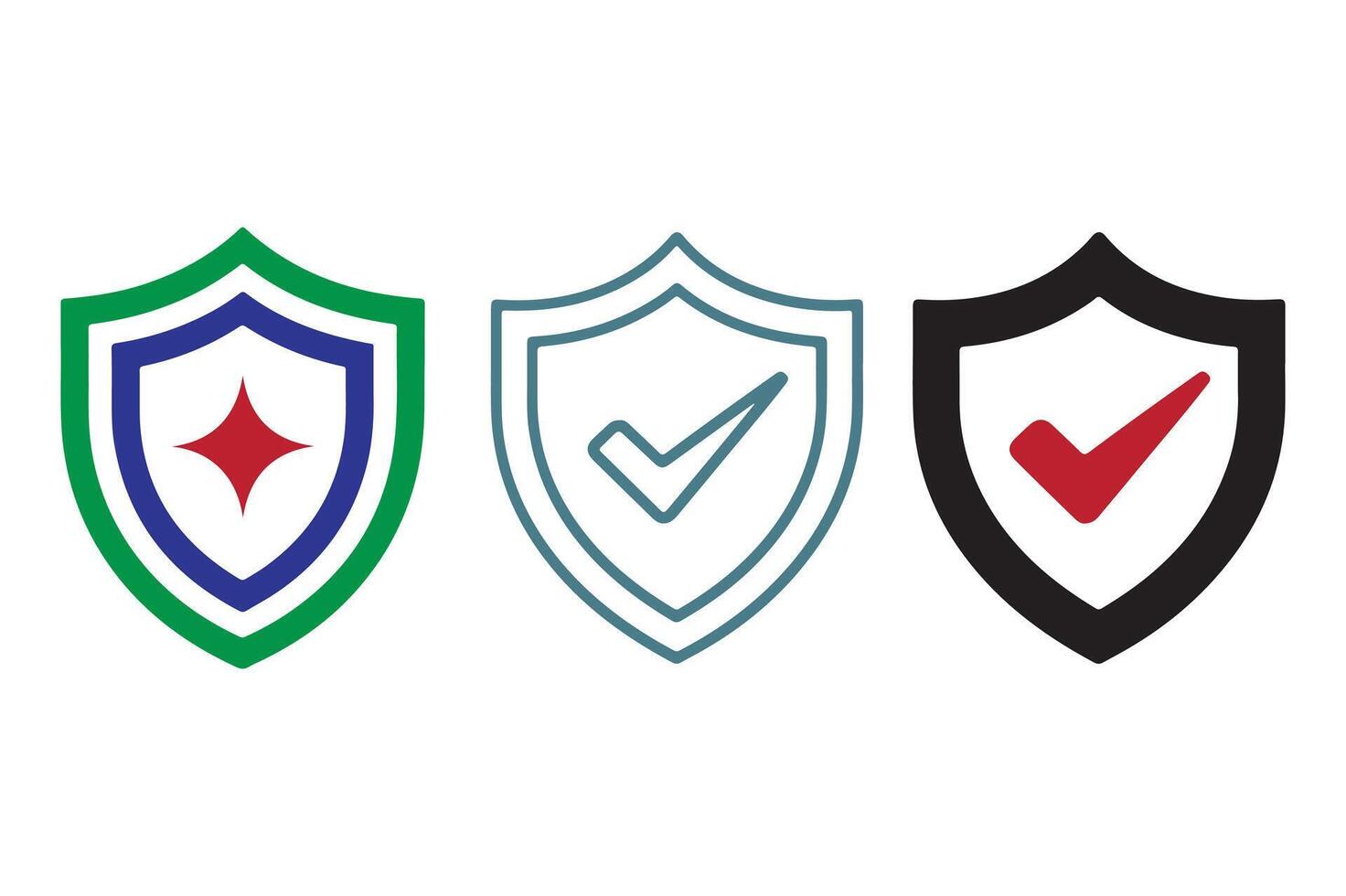 Three shields with checkmarks and star graphic icons security protection vector