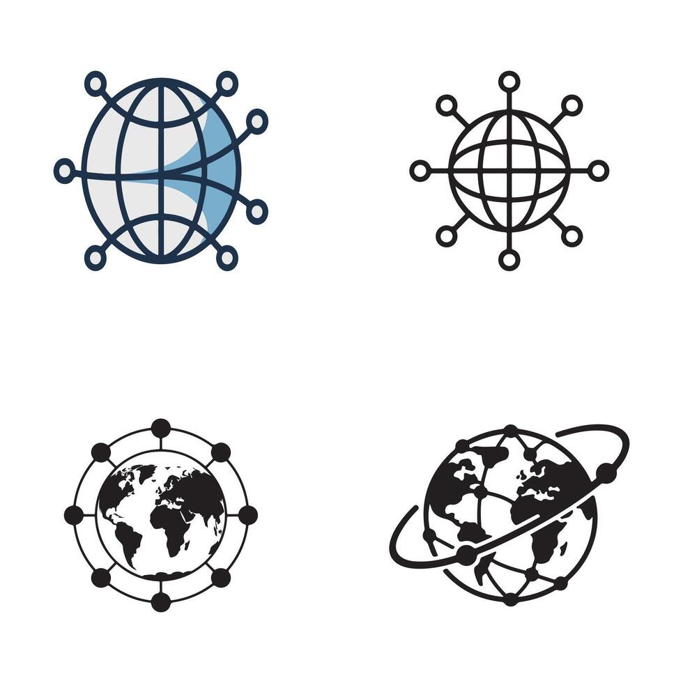 Four globe network connection icons in different styles technology communication vector