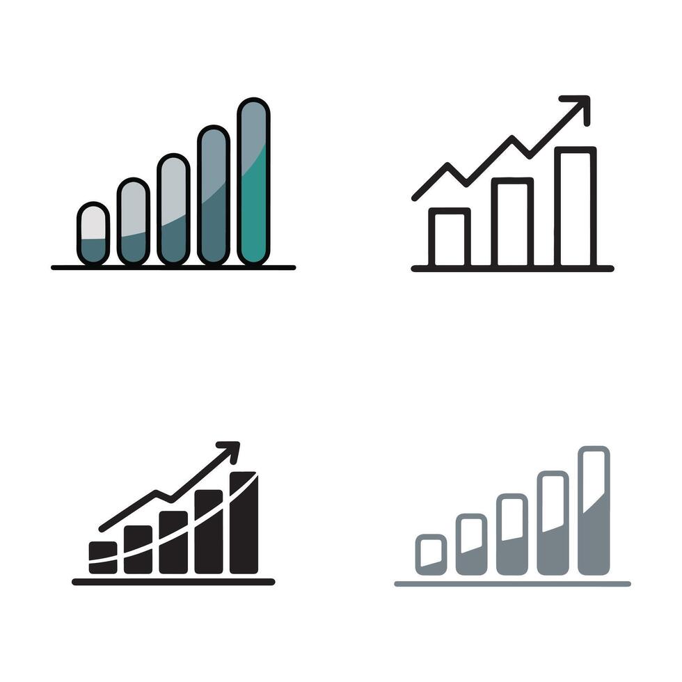Four bar chart icons with upward trending arrows and varying fill levels graph data vector
