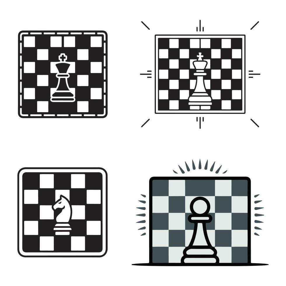 Chess king knight pawn icons on checkered boards game vector
