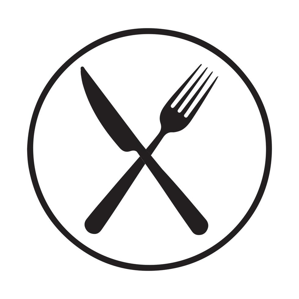 Black knife and fork crossed inside circle white cutlery vector