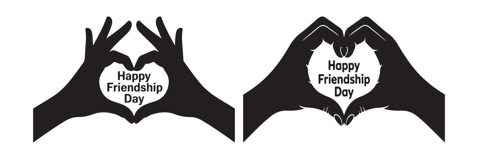 Two black silhouette hands forming heart shape with Happy Friendship Day text love vector
