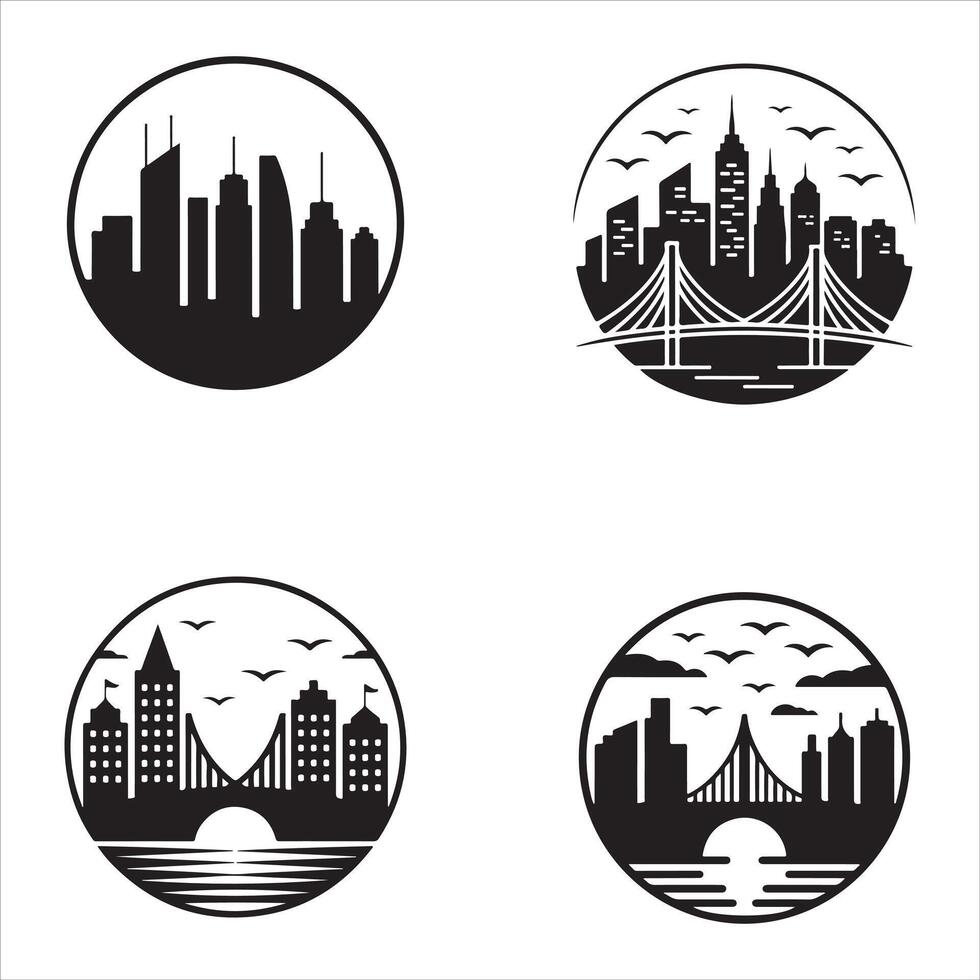Four black and white circular city skyline illustrations vector