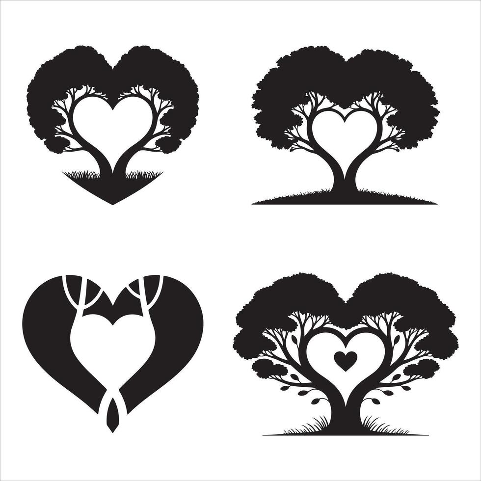 Four black silhouette heart shaped trees on white love vector