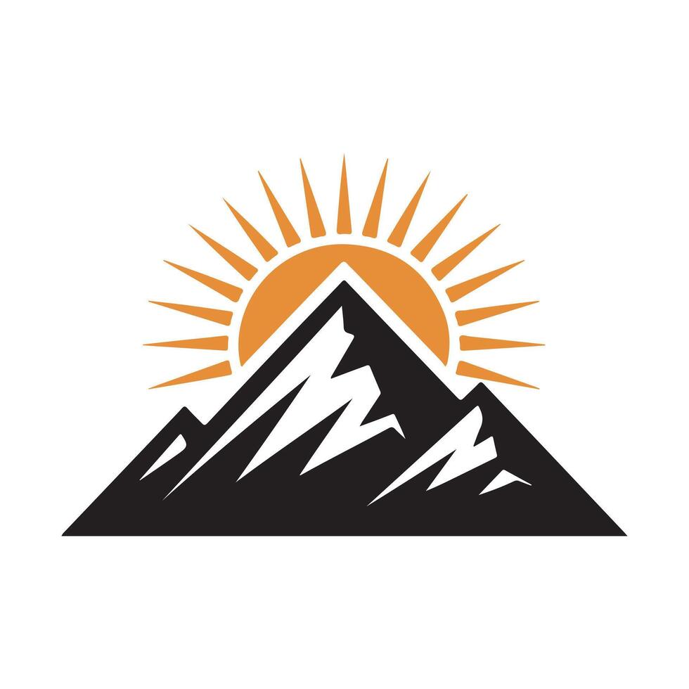 Black mountain peak with orange sun rays graphic sunrise vector