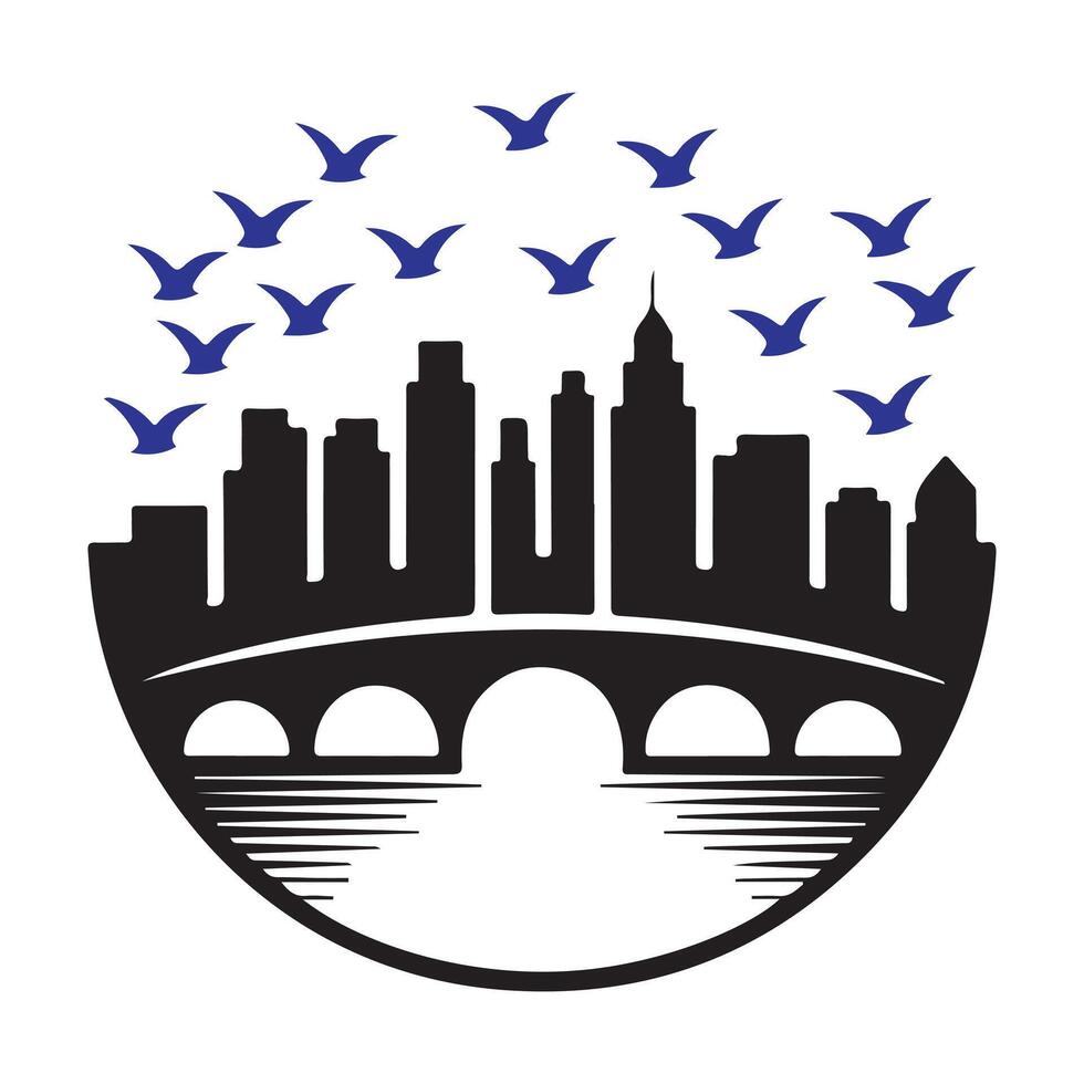Black cityscape with bridge and blue birds skyline vector