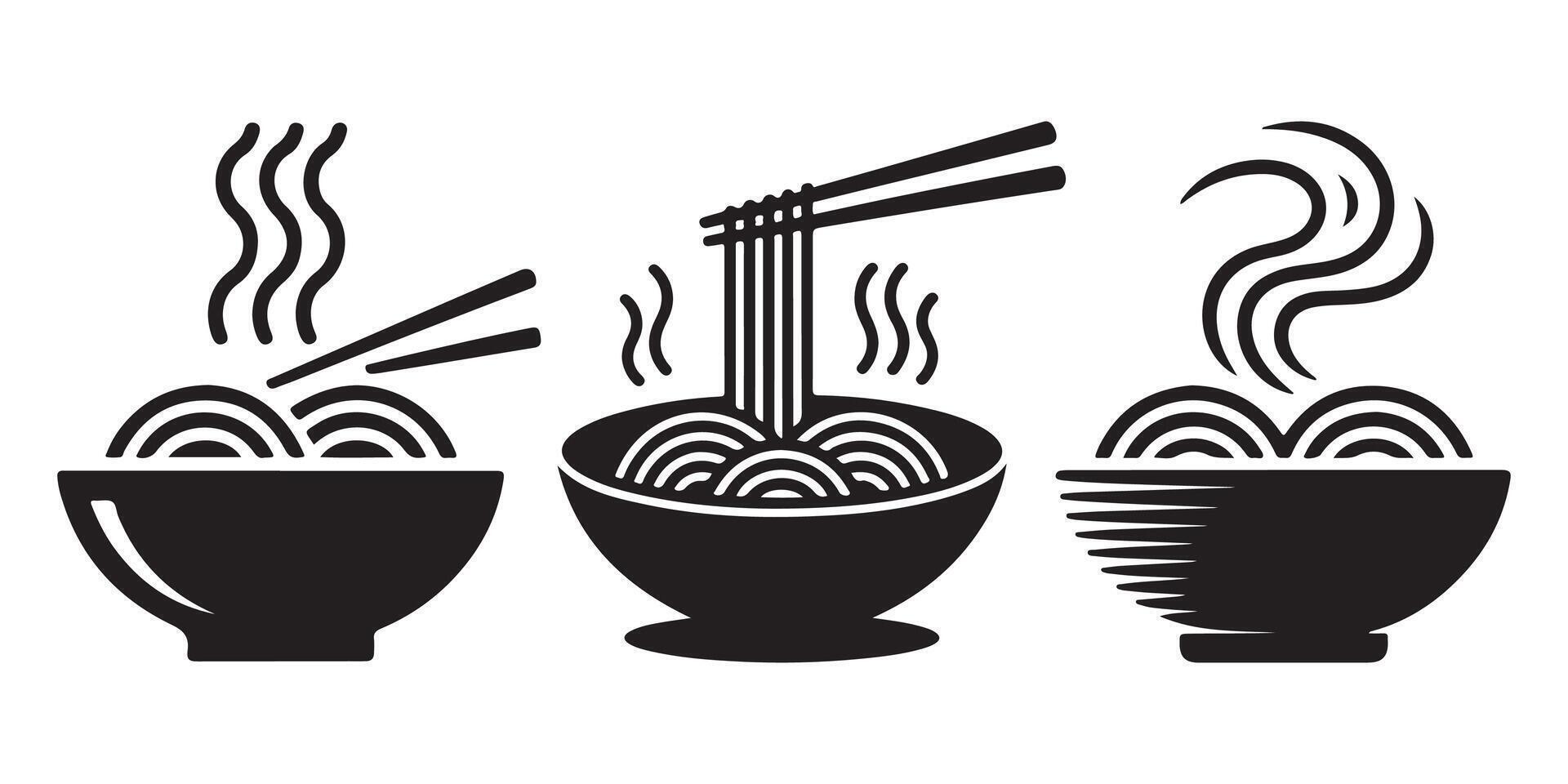 Three black bowls of steaming noodles with chopsticks vector