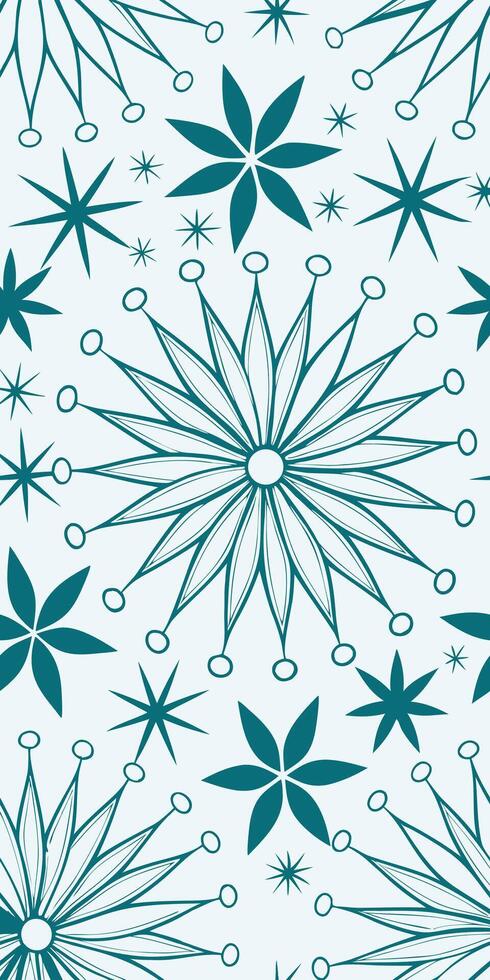 Seamless pattern of stylized snowflakes with pointed petals and small circles on the tips, arranged on a light blue background vector
