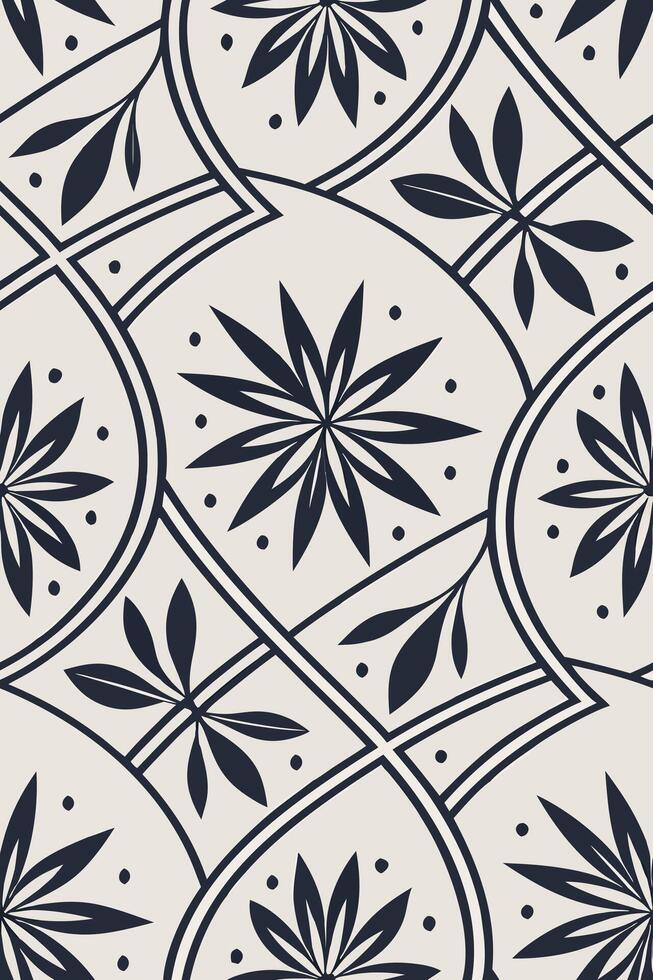 Seamless pattern with floral and geometric elements in dark blue and beige, stylized flowers and leaves arranged in a circular and square grid vector