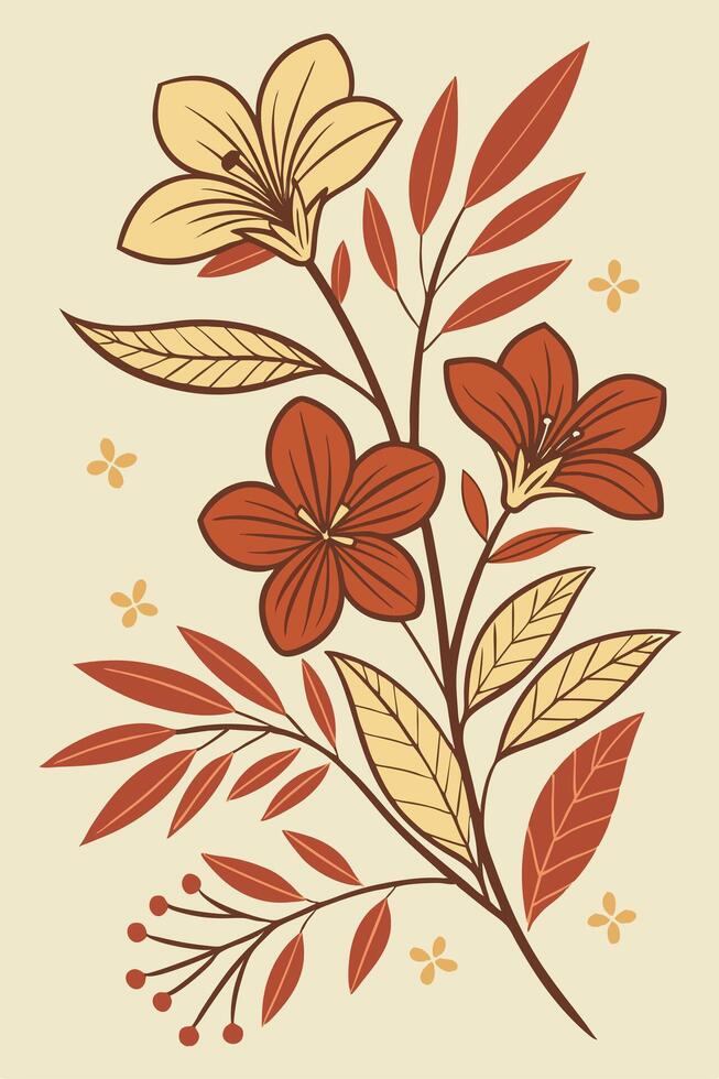 Botanical design, flat flowers and leaves in fall tones-rust, olive, ochre vector