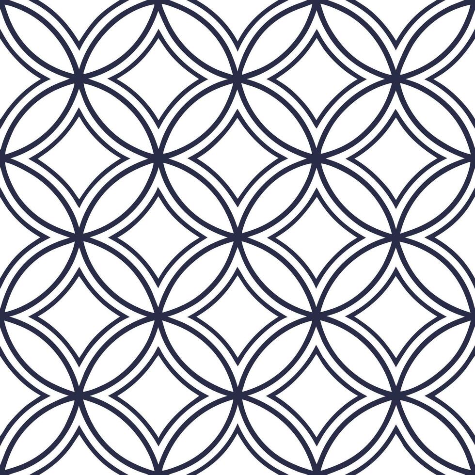 Seamless pattern of overlapping circles with a dark blue outline on a white background, creating a geometric design with diamond shapes vector