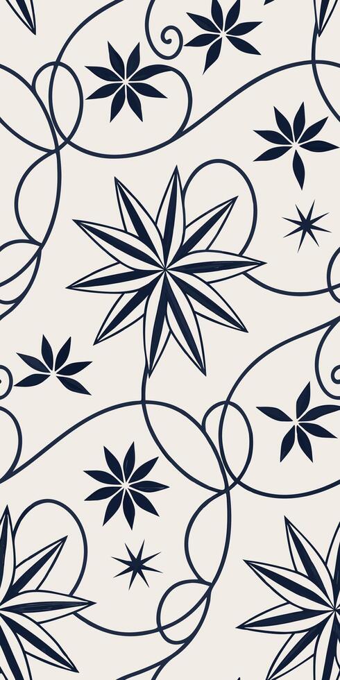Seamless pattern with navy blue floral elements, including star-shaped flowers and swirling vines, set against a cream-colored background, creat vector