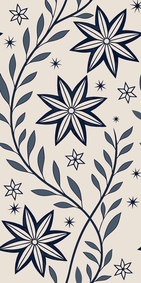 Seamless pattern with dark blue floral elements and stars on a light beige background, symmetrical design, botanical theme, decorative repeat vector