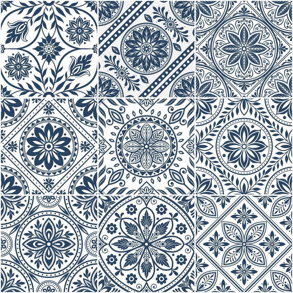 blue and white patterned tiles vector
