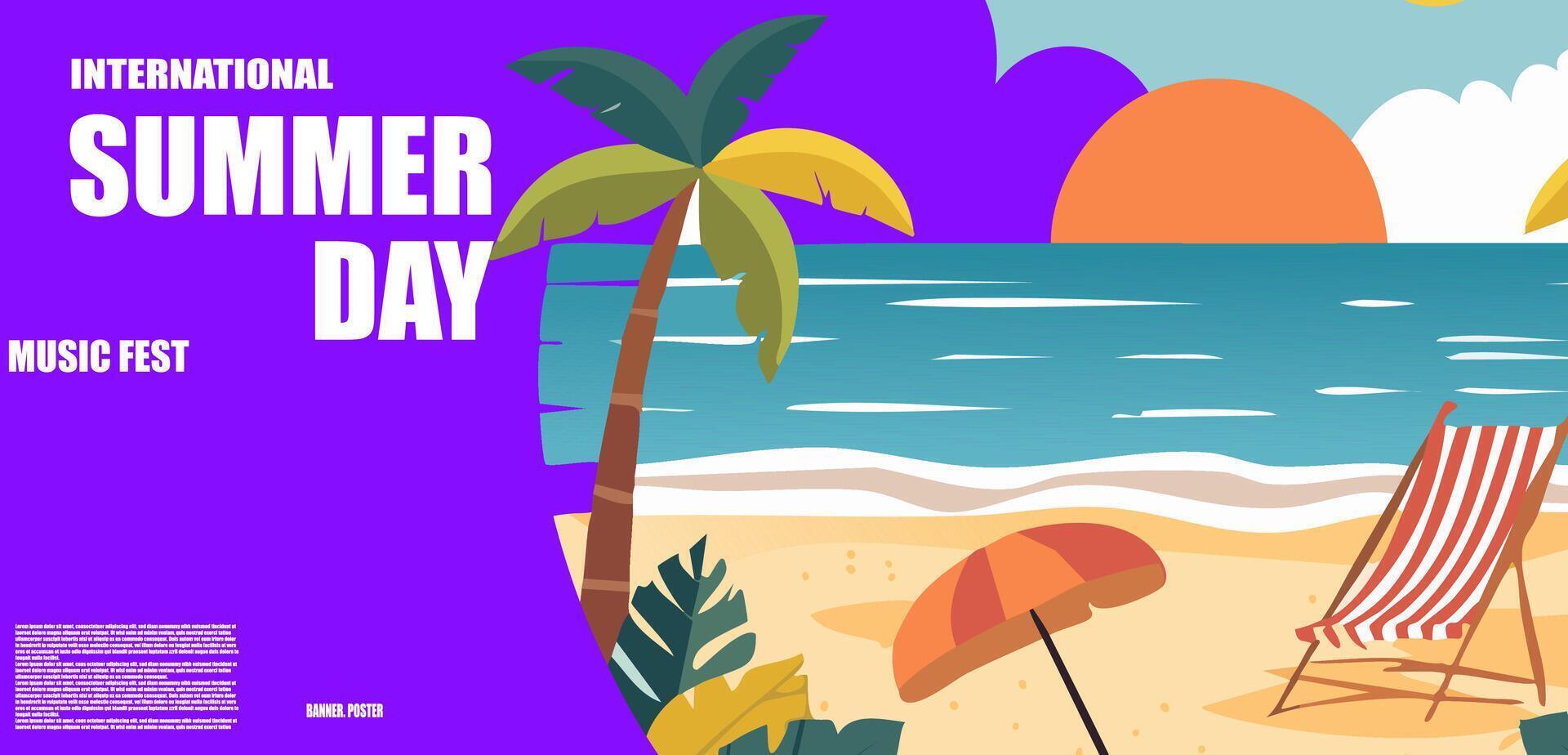 Beach scene with palm trees and sun vector