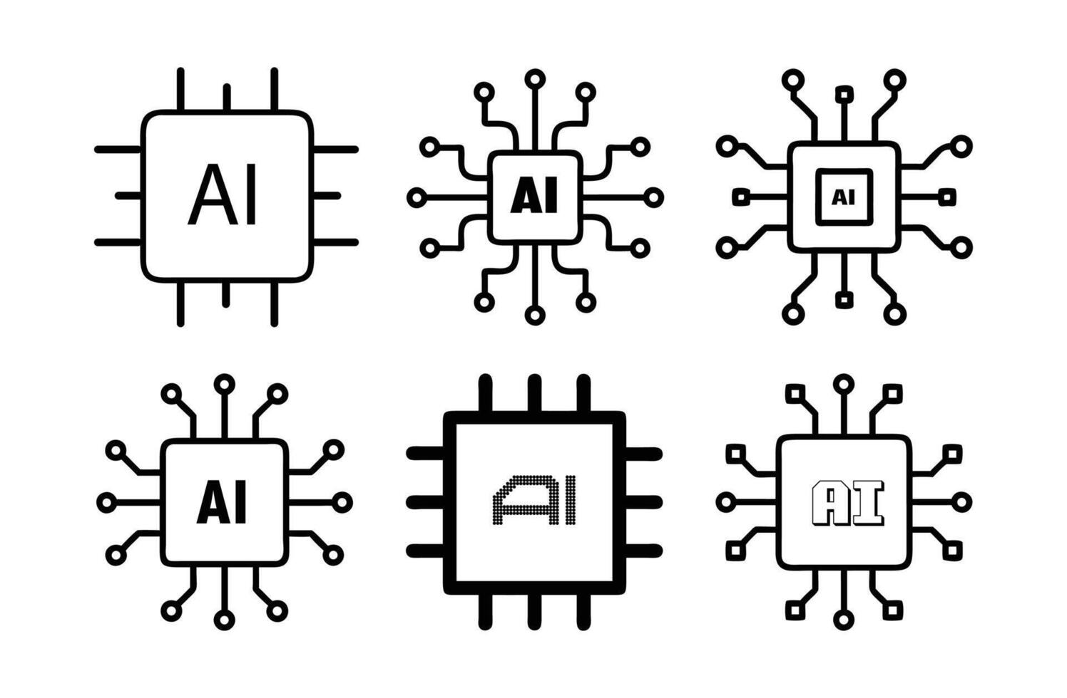 Six modern artificial intelligence microchip icons for technology applications vector
