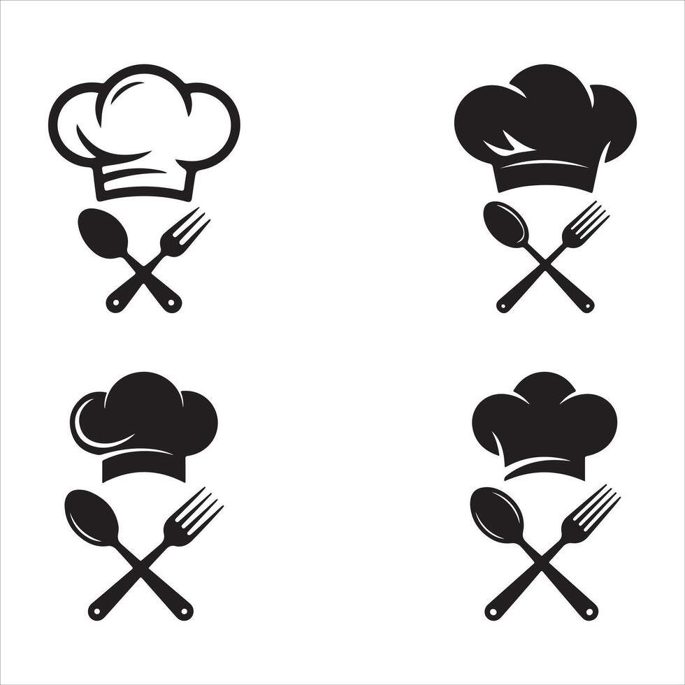 Four black chef hats with crossed spoon and fork icons vector